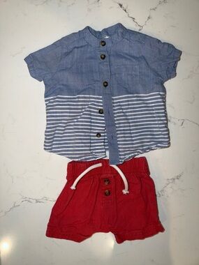 Kids Matching Set - Blue Striped Top & Red Shorts